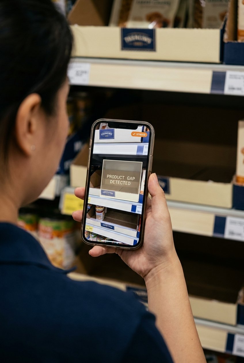 A merchandiser capturing a shelf photo on the EMR-Intel mobile app for audit evidence