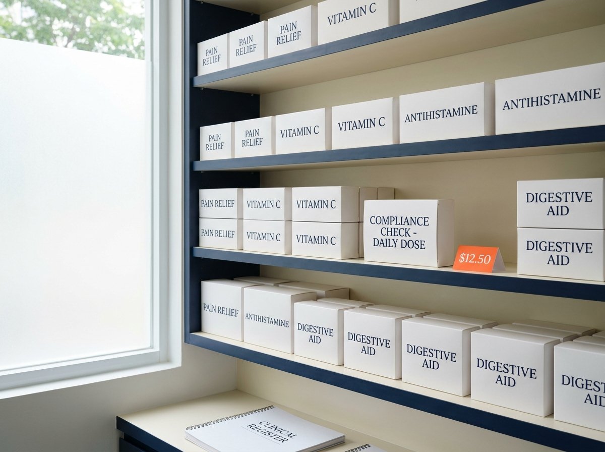 Pharmacy shelf with clinical white packaging and navy serif typography