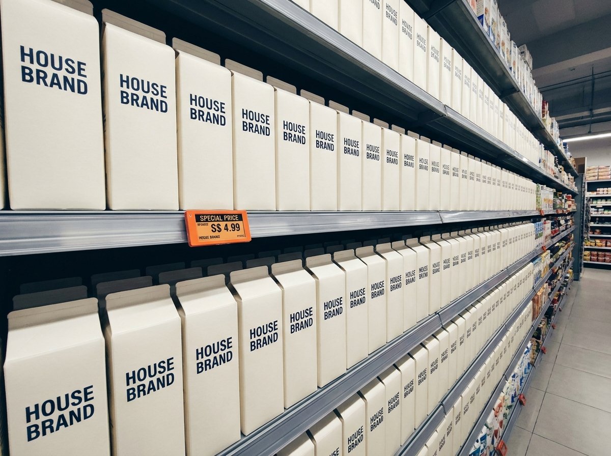 A horizontal run of identical white house-brand cartons on a supermarket shelf