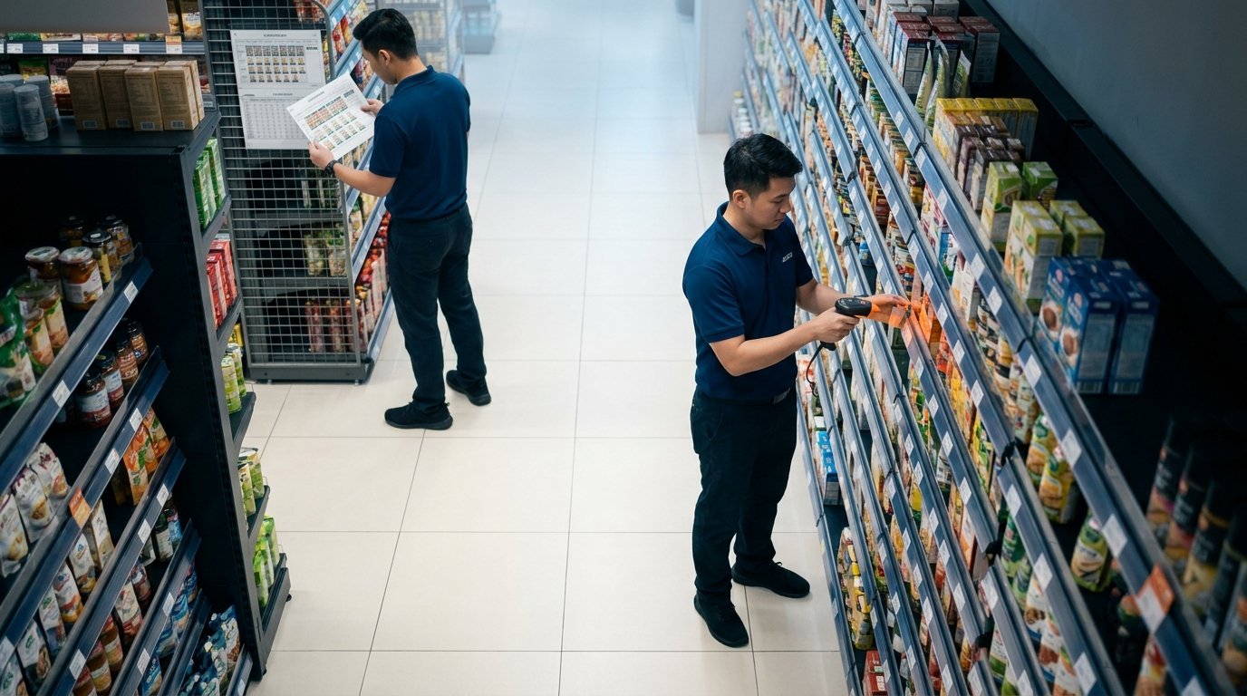 Two field merchandisers working in parallel in a Singapore supermarket aisle